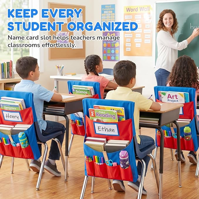 JoyCat 1 Pack Classroom Chair Pockets for School, 6 Pocket Student Storage Organizer with Name Tag Holder, Colorful Chair Bags for Classroom & Homeschool Supplies