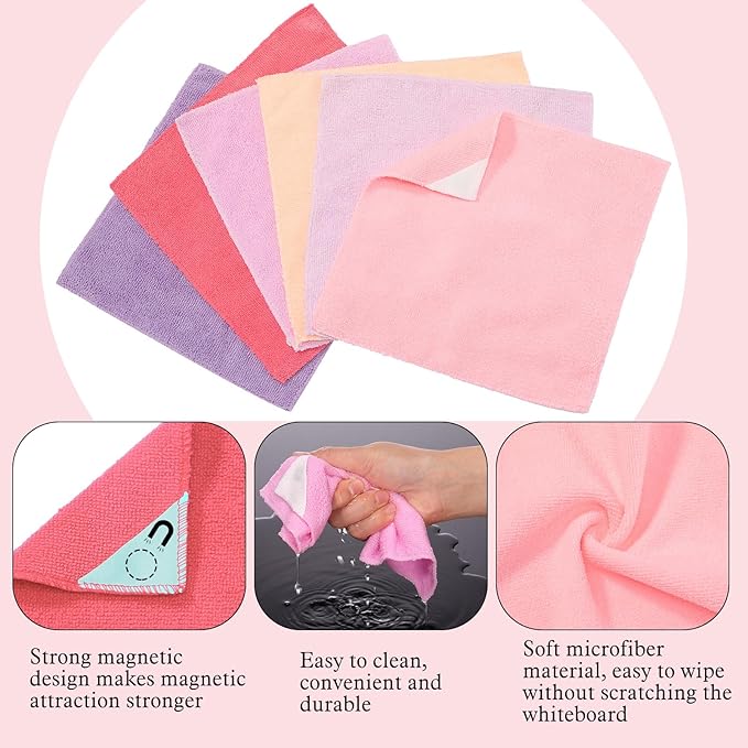 Fanfanwin 6 Pack Magnetic Microfiber Cleaning Cloth, Colorful Whiteboard Dry Erase, Magnetism Whiteboard Eraser for Blackboards Classroom Chalkboards Washable Home Office 10'' x 10''(Pink Color)