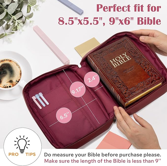 Small Bible Cover Case for Women and Men, 9x6 PU Leather Bible Sleeve, Compact Travel Bible Carrier Bag with Front Pen Holders, Zipper Closure, Inner Pockets - Burgundy Red