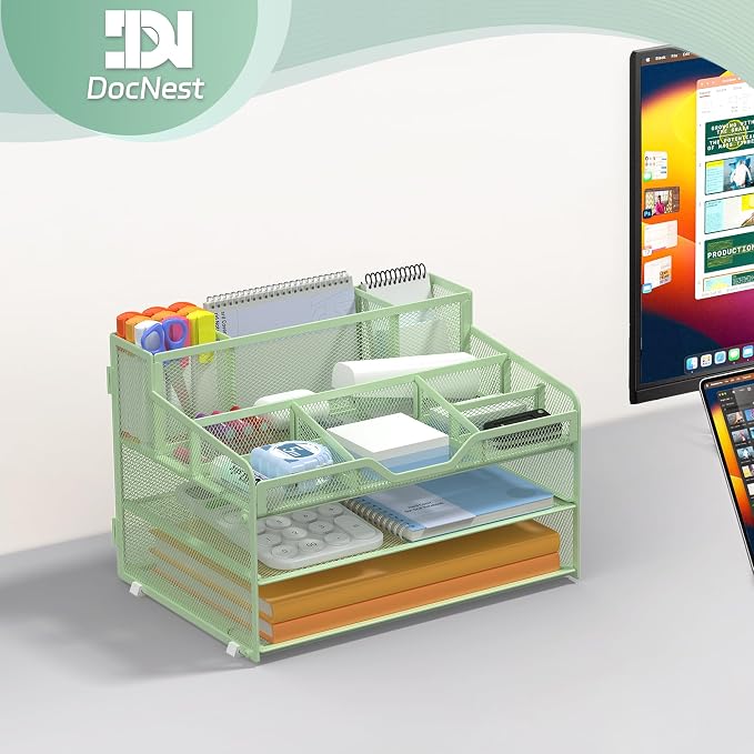 Docnest 3 Tier Mesh Desk Organizer for Paper Office Supplies – Multi-Functional Letter Tray with 5 Adjustable Compartments, 3 Pen Holders, Desktop Storage for Files, Mail, Stationery – Green