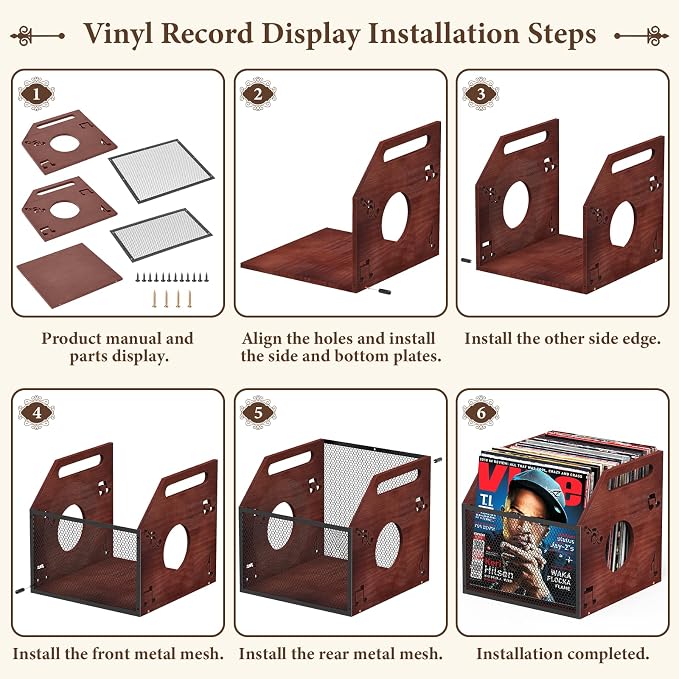 Vinyl Record Storage Crate with Handle, Wood and Metal Mesh Record Holder Holds 60 LPs, Easy Assembly Vinyl Storage Box for Home Office Record Store