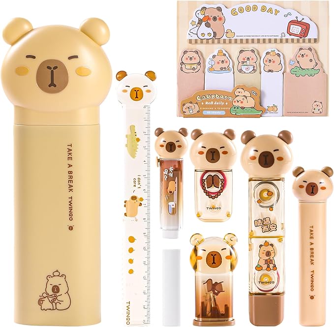 9 Pcs Cute Capybara Stationary Set Kawaii School Supplies Japanese Stationery, Includes Pencil Sharpener, Eraser, Correction Tape, Glue Tape, Sticky Notes, Ruler, Scissors for Office School Supplies