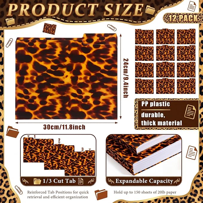 Qeeenar 12 Pcs Tortoiseshell Pattern File Folders 1/3-cut Organizer Thick File Folders, Letter Size (11.8 x 9.4inch), 4 Left/4 Middle/4 Right Tabs for Office & School Organization