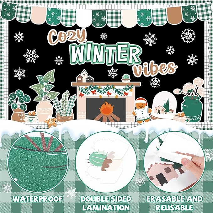 Justforjoyful Christmas Bulletin Board Decorations Winter Fireplace Cutouts Snowflake Gingerbread Bulletin Board Set Xmas Tree Plant Classroom Decor for Holiday Home School Wall Christmas Party Supply