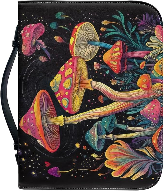 Colorful Mushrooms Bible Cover with Durable Handle，Bible Case for Women Girls，Bible Carrying Case Bible Journaling Supplies for Bible Cover-Size M