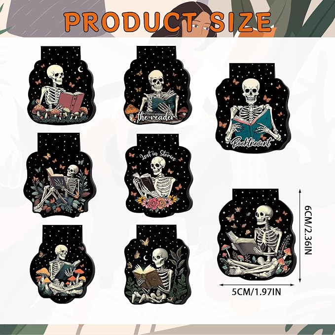 Wxiben Gothic Skeleton Bookmark Magnetic - 8 Pcs Skeleton Reading Bookmarks Magnetic Flower Skull Book Lover Book Marks Page Magnets Marker Clip Gifts for Women Men Students Teacher Reader Bookish