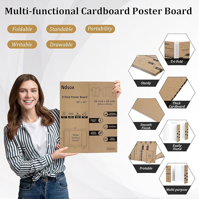 Ndsox 6 Pack 26" x 16" White Trifold Poster Board Medium Size Corrugated Tri Fold Project Poster Boards Science Fair Display Posterboards for Business Presentations, Event Displays, Art Exhibitions