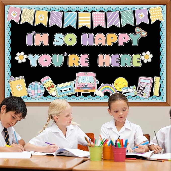 Naozinebi Groovy Back to School Bulletin Board for Classroom Decoration I'm So Happy You're Boho Retro Here Hippie Bulletin Board Set Rainbow Cutouts Daisy DIY Photo for Chalkboard Wall Teacher Decor