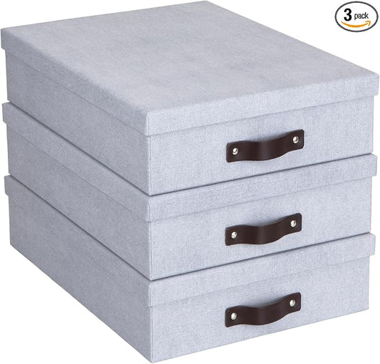 Bigso Oskar Canvas Fiberboard Document Letter Box | File Organizer Document Box for Important Paperwork | Document Storage Box with a Lid & Leather Handle | 3.3″x10.2″x13.8″ | 3 Pack | Ash