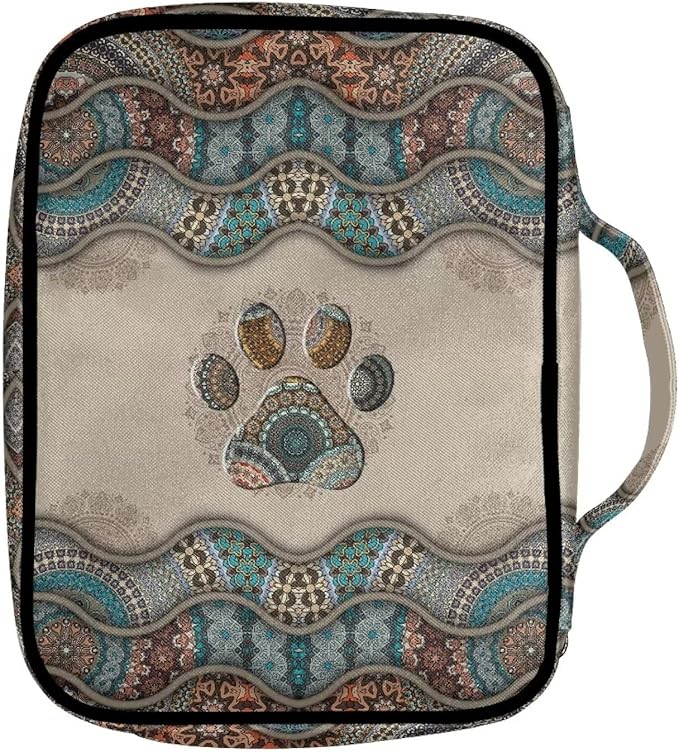 Suobstales Boho Paw Print Bible Cover Bible Case for Women Men Lightweight Carrying Book Cover Church Bag Bible Protective Bag with Handle and Zippered Pocket