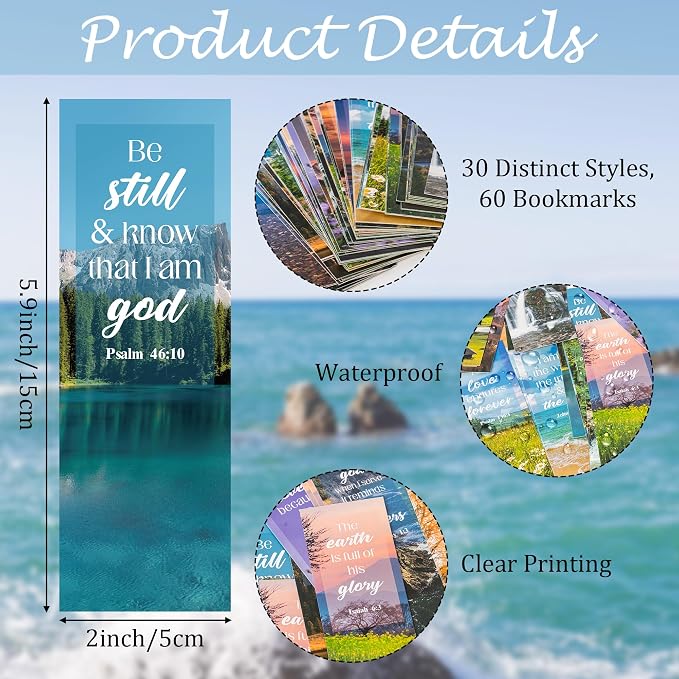TICIAGA Landscape Bible Bookmark with Full Scripture - 60Pcs Bible Verse Religious Nature Bookmark for Men, Summer Holiday Scripture Bookmark for Book Lover, Christian Church Easter Gift for Men Women