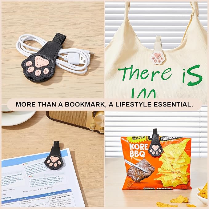 2Pcs Magnetic Bookmarks with Gift Box Magnetic Pen Holder for Notebook Cat Book Marks Clip Gift for Book Lover Readers Cute PU Leather Bookmark for Women, Paw (White+Black)