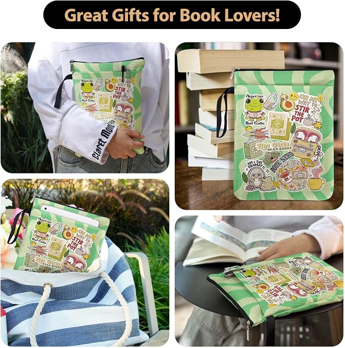 Y2K Style Book Sleeve for Book Lovers, Cute Frog Pattern Bookcover Protector for Paperbacks with Handle Pocket for Reader Bookworm Bookish, Book Club Gifts for Chritsmas, Reading Accessories for Women