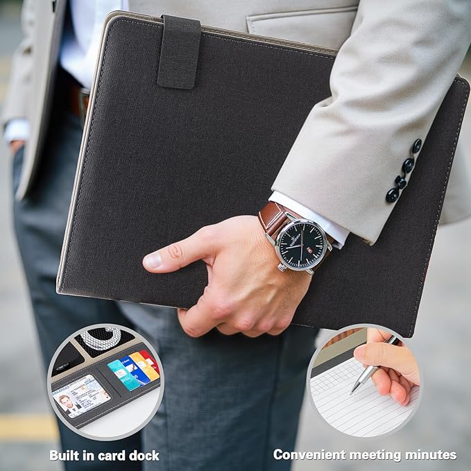 Men Padfolio for Coworker Employee, Portfolio Binder, Organizer Portfolio Folder, with Phone Stand, Card Slots, Earphone Holder, Cable Pocket, Men Christmas, Anniversary, Birthday, Fathers Day, Black