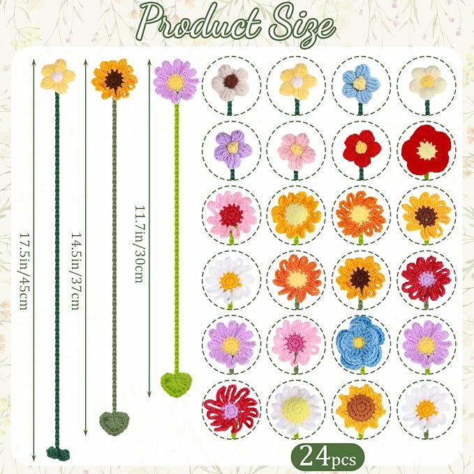 AmazingSpark 24 Pcs Flower Crochet Bookmarks Women Personalized Crochet Handmade Knitted Bookmark Flowers Bulk for Book Lovers and Teachers