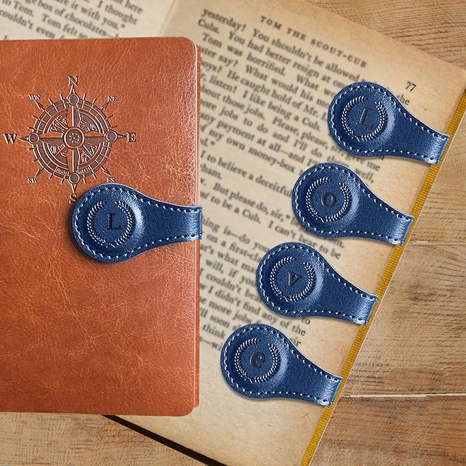 Leather Magnetic Bookmarks, 3D Embossed Alphabet Initial Letter Bookmark, Cute Page Markers for Books, Journals, Planners, Bible, Small Reading Gifts for Women Men, Teachers, Students (Blue L)