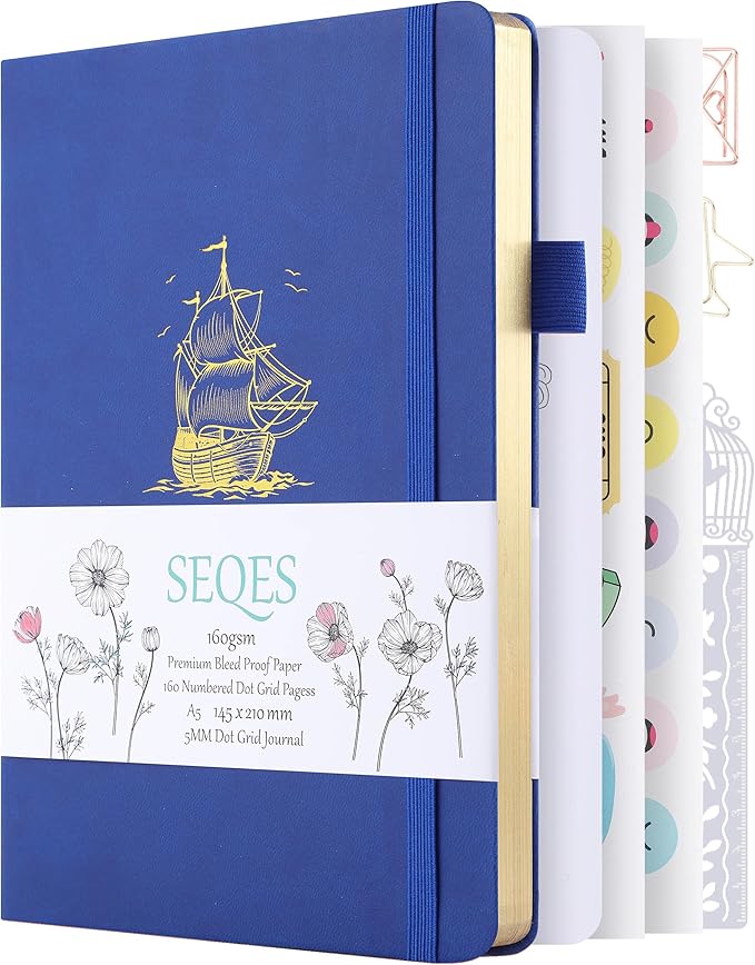 A5 Bullet Dotted Journal Notebook | 160gsm Thick Bleedproof Paper, Lay Flat Binding, 160 Numbered Pages | Hard Cover Dot Grid Notebook/Bullet Journals for Creatives & Professionals-Sailboat