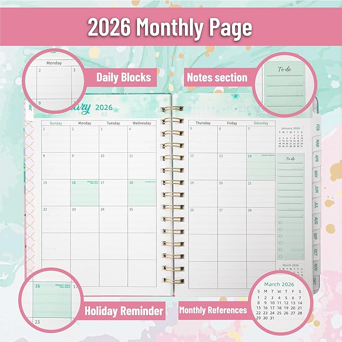 2026 Planner, Weekly and Monthly Calendar Planner for Women, Jan 2026 - Dec 2026, Hardcover Planning Agenda book, Spiral Bound, Inner Pocket, 6.3" x 8.5"