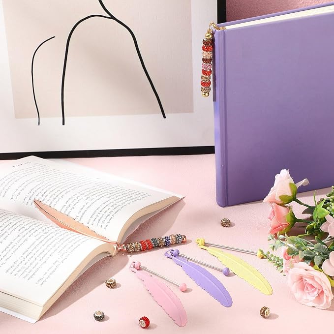 Kosiz 12 Pcs Beadable Bookmark Vintage Feather Metal Bookmark Beading Bookmarks Gifts for Student Office Teacher Birthday Present