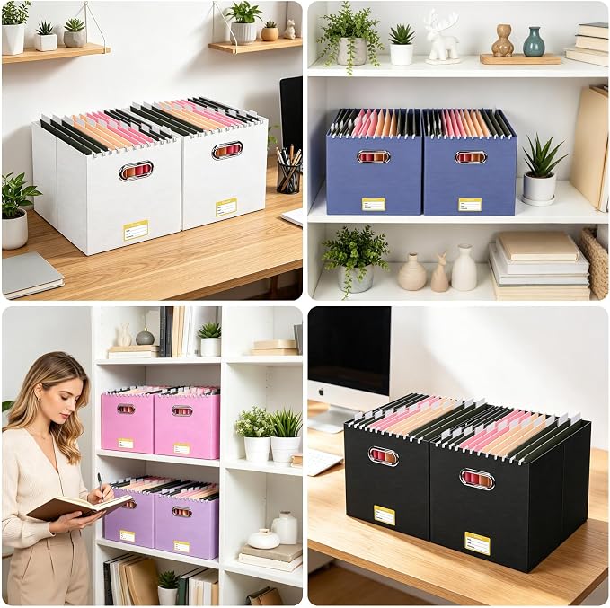 BALEINE File Organizer Box, Cardboard File Folder Organizer with Handle for Letter Size, Portable Collapsible Hanging Filing Box for Home Office Document Storage (2 Pack, Large Pink)