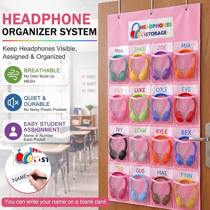 AmazingSpark 16 Pockets Classroom Headphone Storage Thickened Non-woven Fabric Mesh Pocket Chart Over The Door Hanging Cell Phone Organizer with Signed Card for Back to School Classroom Library, Pink