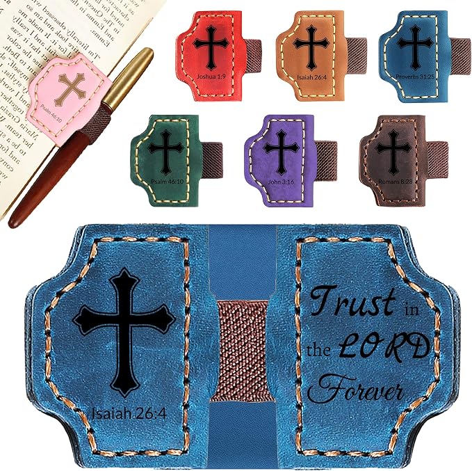Personalized Leather Bookmark with Pen Holder - Magnetic Bible Verse Design, Christian Book Lovers Reading Accessory, for Book Lovers Men Women (Blue, lsaiah 26:4)