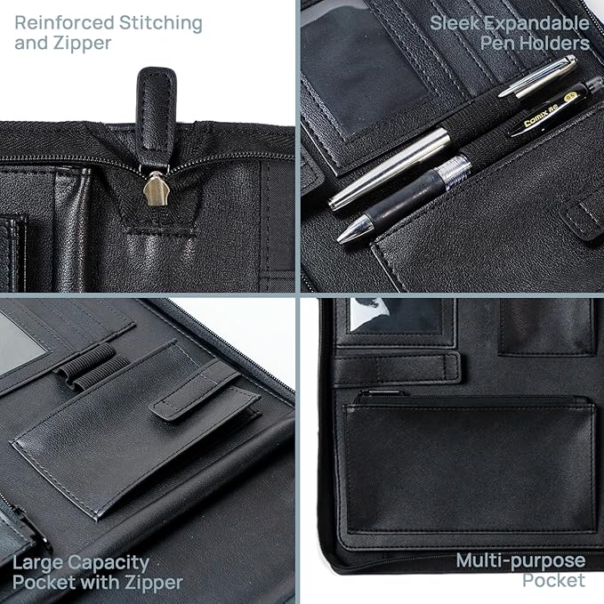 POPRUN Professional Zippered Portfolio Binder - Leather Padfolio Organizer with Notepad, Tablet Sleeve & Handles for Business, Meetings, Interviews, and Daily Office Use, Black