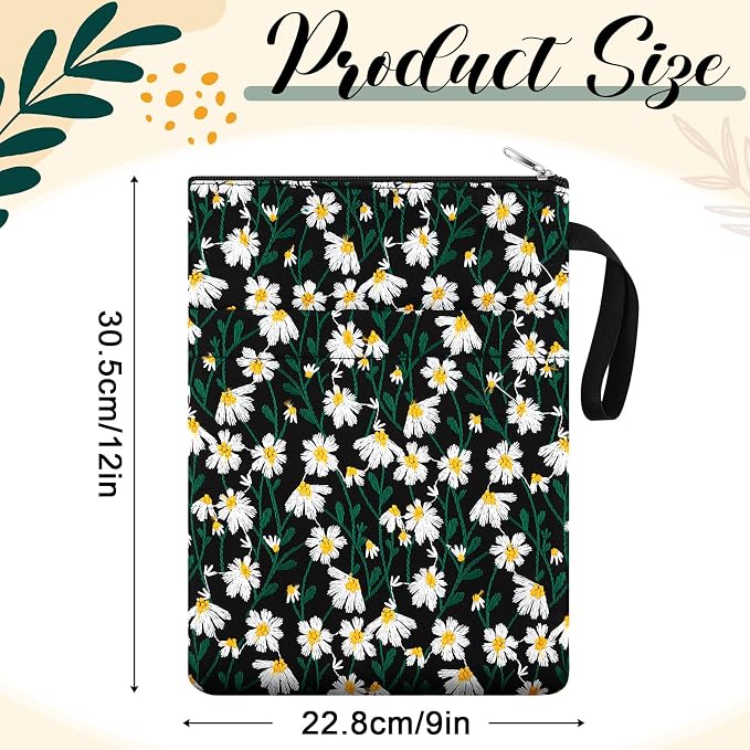 12''x9'' Daisy Embroidered Book Sleeve with Cotton Lining with Handle and Zipper Book Protector for Paperback and Hardcover, Christmas Ideal Gift Book Sleeve Pouch for Book Lovers(Black)