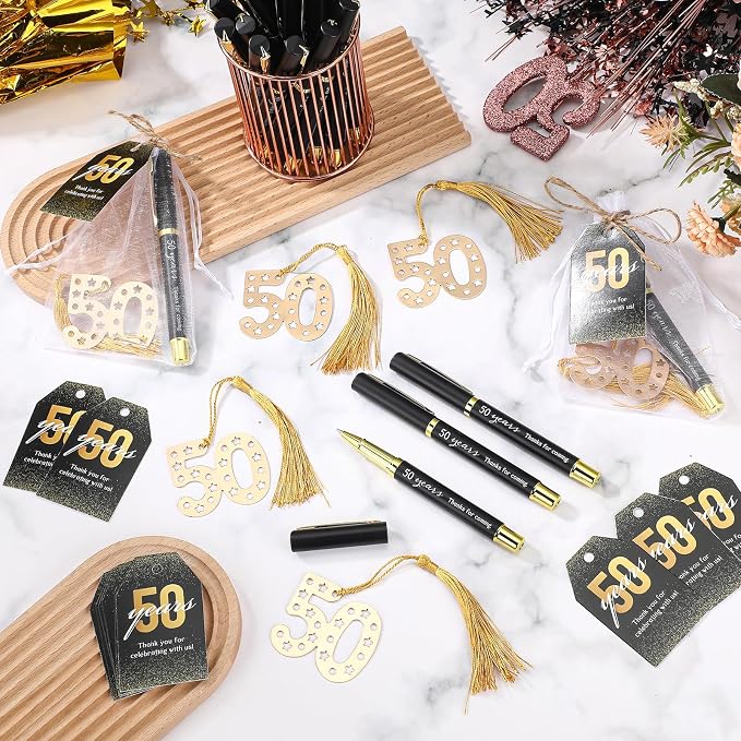Spakon 25 Set 50th Birthday Party Favor for Guest Anniversary Party Favor Golden Birthday Bookmark Thanks Coming Pen with Tag Appreciation Gifts for Fathers Day Women Men Wedding Anniversary