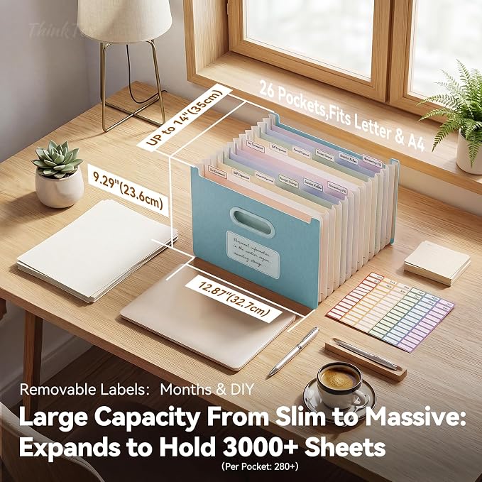 ThinkTex 12-Pocket Accordion File Organizer, Upright Open Top, Monthly Tabs, High Capacity Wheat Straw Expanding File Folder, Fits Letter A4 & Manila Folders for School Home Office -Sky Blue