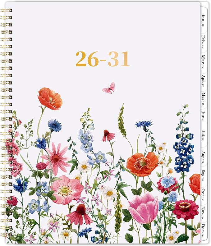 Monthly Planner 2026-2031 - 5 Year Planner/Calendar, 2026-2031 Monthly Calendar Planners Spiral Bound, Jul. 2026 - Jun. 2031, 9" x 11", Twin-Wire Binding + Tabs + Pocket - Flowers