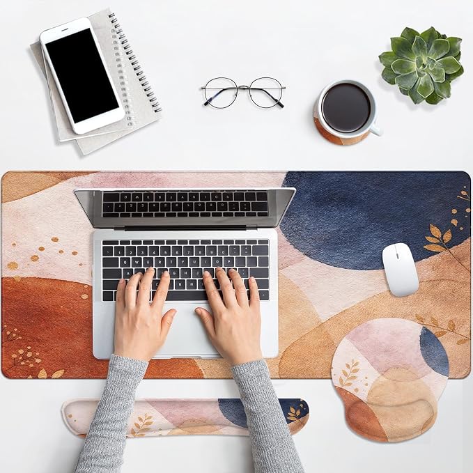 Britimes Abstract Boho Keyboard Mouse Pad Set 4in1 Large Mousepad+Keyboard Wrist Rest+Mouse Wrist Rest+Coaster Set with Ergonomic Design for Home Office Computer 35.4x15.7 inches