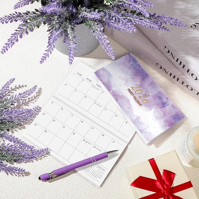 Gueevin 2026 Pocket Calendar for Purse with Pen Small Pocket Planner Handy Weekly Monthly Planner Journal Writing Notebook Valentine New Year Gift Sister Friend Women(Watercolor,Purple)