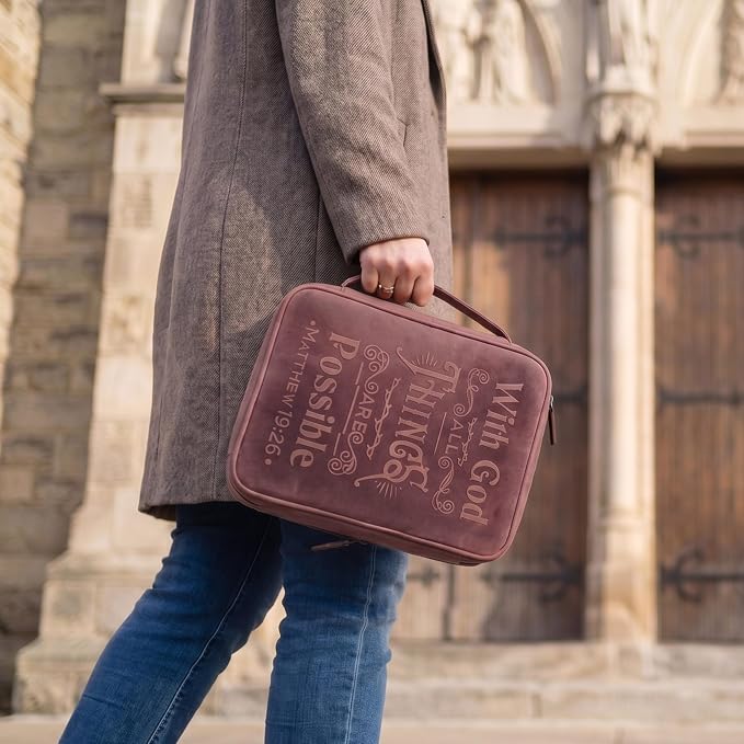 LEATHER VILLAGE Handmade Vintage Genuine Leather Embossed Bible Cover for Men & Women, Large Protective Bible Case & Organizer for Church, Travel & Study Christian Religious Antique Bookmark - Fuchsia