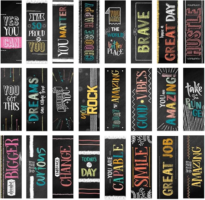 Chalkboard Style Motivational Bookmarks / 24 Inspirational Phrase Quote Flat Card Set / 2" x 6" Cardstock Paper Classroom Reward Bookmark Pack/Made in The USA