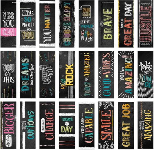 Chalkboard Style Motivational Bookmarks / 24 Inspirational Phrase Quote Flat Card Set / 2" x 6" Cardstock Paper Classroom Reward Bookmark Pack/Made in The USA