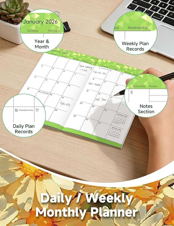 Pocket Calendar 2026-2028 Floral Series, Monthly Planner Jan 2026 to Jul 2028 (3.7" x 6.7") Perfect Purse Calendar, Pocket Agenda with Protective Plastic Sleeve-Daisy