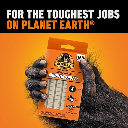 Gorilla Mounting Putty, Natural Tan Color, 168 Pre-Cut Squares (Pack of 1) - Non-Toxic Removable & Repositionable Wall Putty