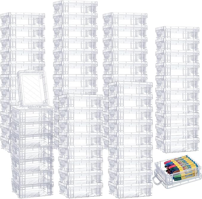 Suzile 70 Pcs Plastic Crayon Box with Lid Clear Crayon Organizer Stackable Storage Containers Bulk Pastel Holder Case for Office School Classroom Supplies Pen Pencil Art Crafts