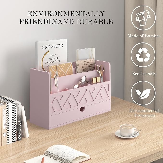 Wisuce Bamboo Mail Organizer Countertop Desktop with Drawer - All-in-One Desk File Organizer with Pencil Holder (Pink)