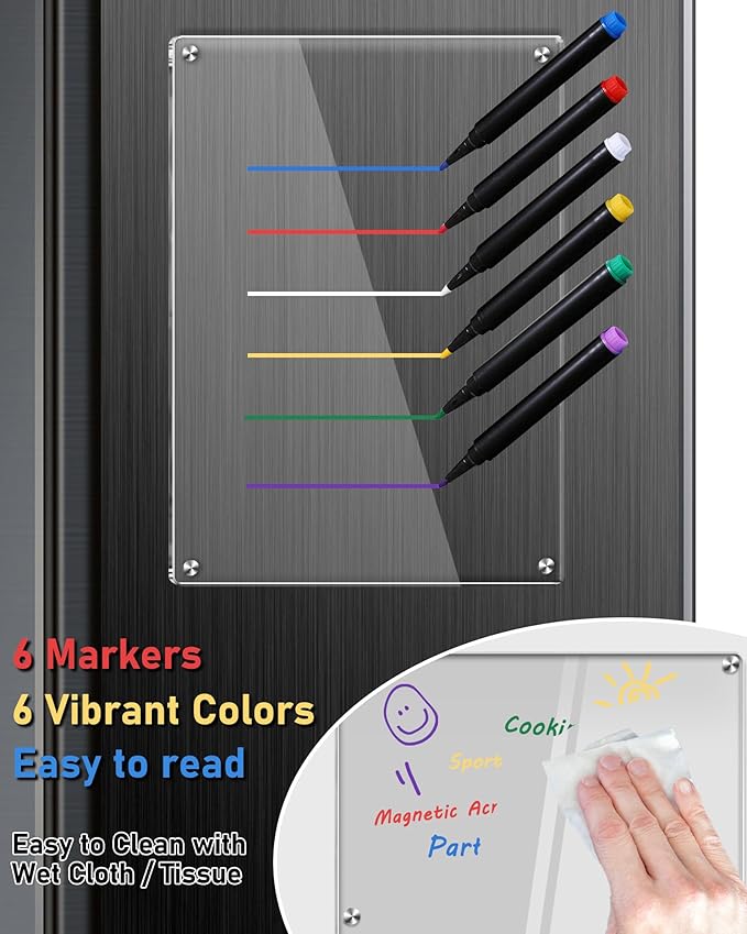 Clear Acrylic Magnetic Dry Erase Board for Fridge,12"x8" Magnetic Whiteboard for Fridge, Magnet Weekly Planner Calendar for Refrigerator Includes 6 Colors Markers
