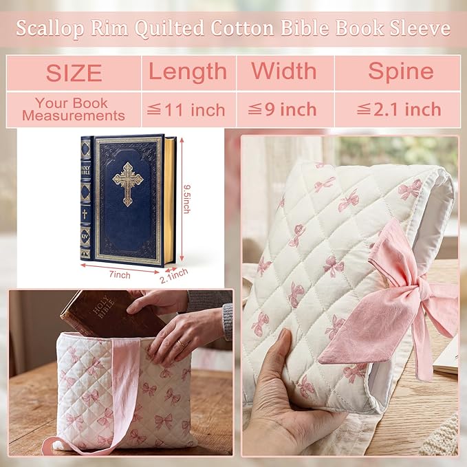 Honoson Quilted Bow Bible Sleeve Cover Case Padded Protector Washable Bible Bag Pouch Christian Gift for Women Girls Book Lover Gifts(Pink Bow)