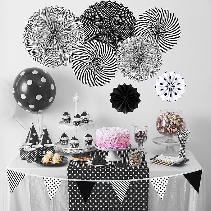 Tenare 8 Pcs Christmas Black and White Polka Dot Bulletin Board Border 10.9 Yard 6 Pcs Hanging Paper Fans 3.5 Yard Pennant Banner Flag for Classroom Home School Christmas Decor