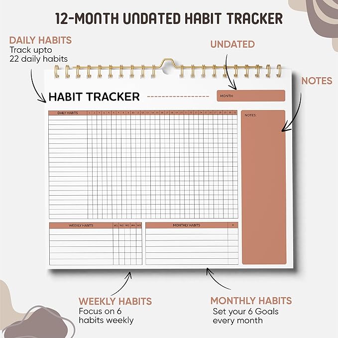 VEX ECOM LTD. Smiley Habit Tracker Calendar - 12 Months Undated Daily Weekly Period Tracker, Motivational Goal & Planner for Atomic Habits, Spiral Binding Self Care Journal, 8"x10"