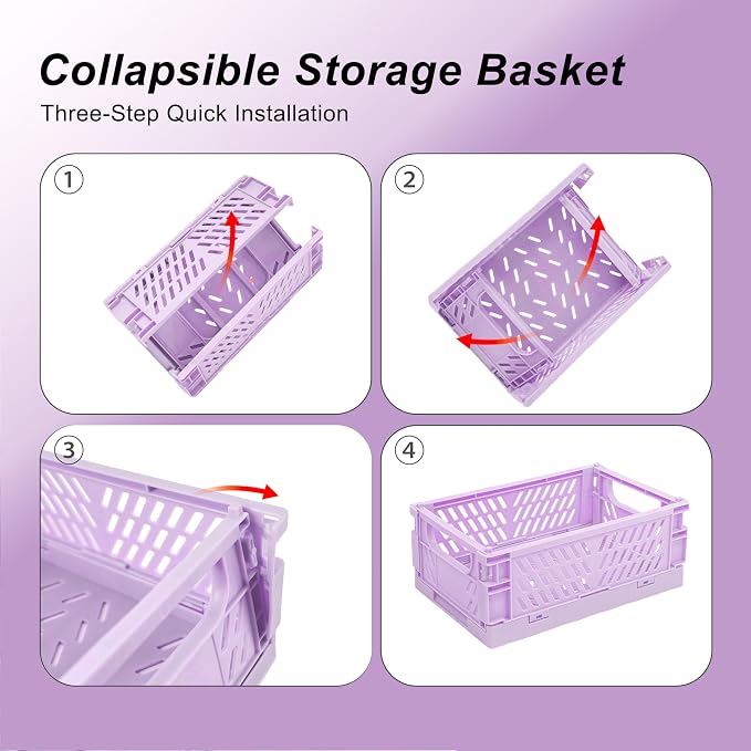 6 Pack Mini Foldable Small Plastic Baskets for Organizing and Storage，Collapsible Storage Crates,Mini Bins for Home Kitchen Bedroom Bathroom Office (Purple, Small 6x4x2.2)