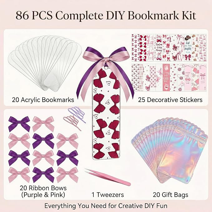 Acrylic Bookmark Blanks, 86 Pcs DIY Bookmark Making Kit with Organizer Box, 1.37x5.5 Clear Acrylic Bookmarks, UV DTF Decals, Make Your Own Bookmarks for Women & Book Lovers (Floral)