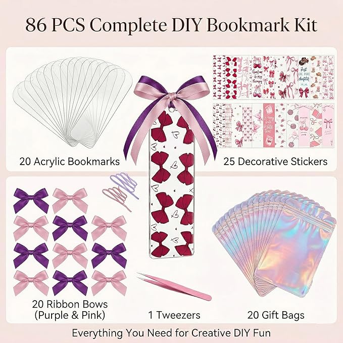 Acrylic Bookmark Blanks, 86 Pcs DIY Bookmark Making Kit with Organizer Box, 1.37x5.5 Clear Acrylic Bookmarks, UV DTF Decals, Make Your Own Bookmarks for Women & Book Lovers (Book Soul)