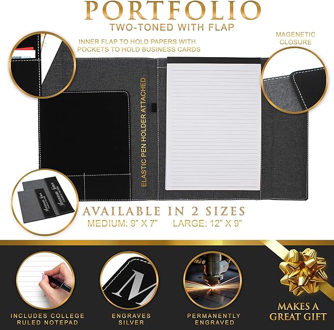 My Personal Memories Customized Portfolio with Custom Monogrammed Flap - Engraved Teacher, Student, Business, Man, Woman, Gift (Black Flap)