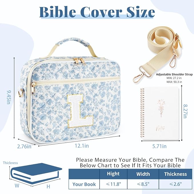 Personalized Initial Bible Cover Case for Women, Large Quilted Bible Bag with Durable Handle, Stylish Church Bag Journaling Kit with Study Supplies Accessories, Christians Gifts for Women (Blue-L)