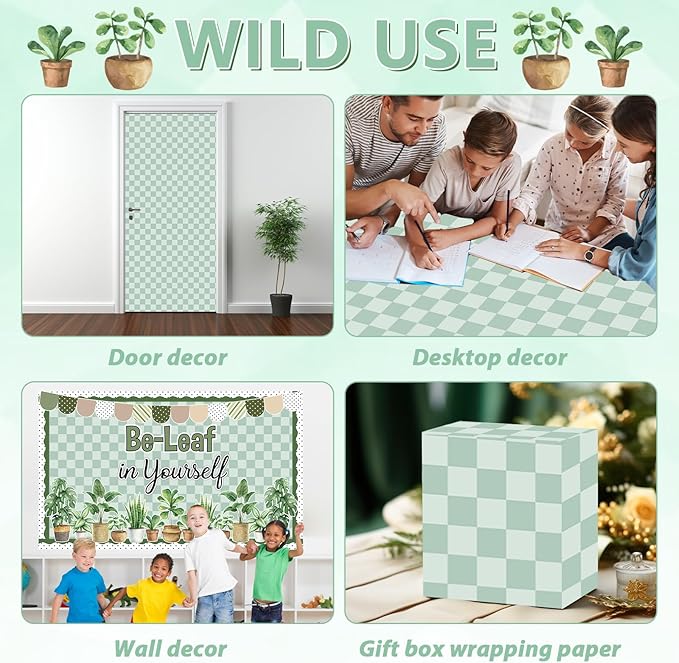 Green Checkered Bulletin Board Paper Roll Retro Hippie Green Bulletin Board Background Back to School Classroom Decor Poster for Art Craft DIY Project Home Office Spring Party Supplies 17.7inx20ft